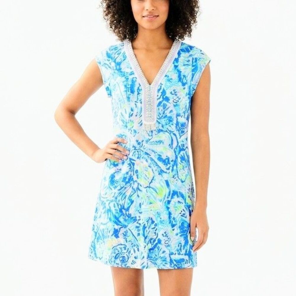 LILLY PULITZER Dress Zandra Bennet Blue Salty Seas Print White/Silver Fringe XL